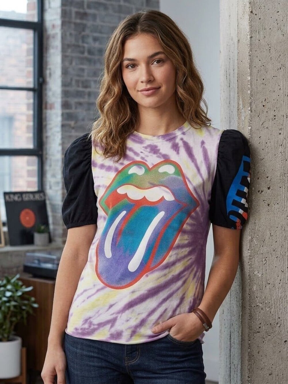 LUXE AND HAZEL Rolling Stones tie dye tshirt with puff sleeve accent size s.